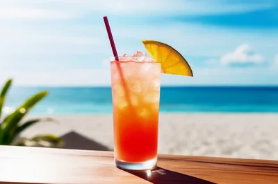 Refreshing Tropical Cocktail On A Sunny Beach Table
