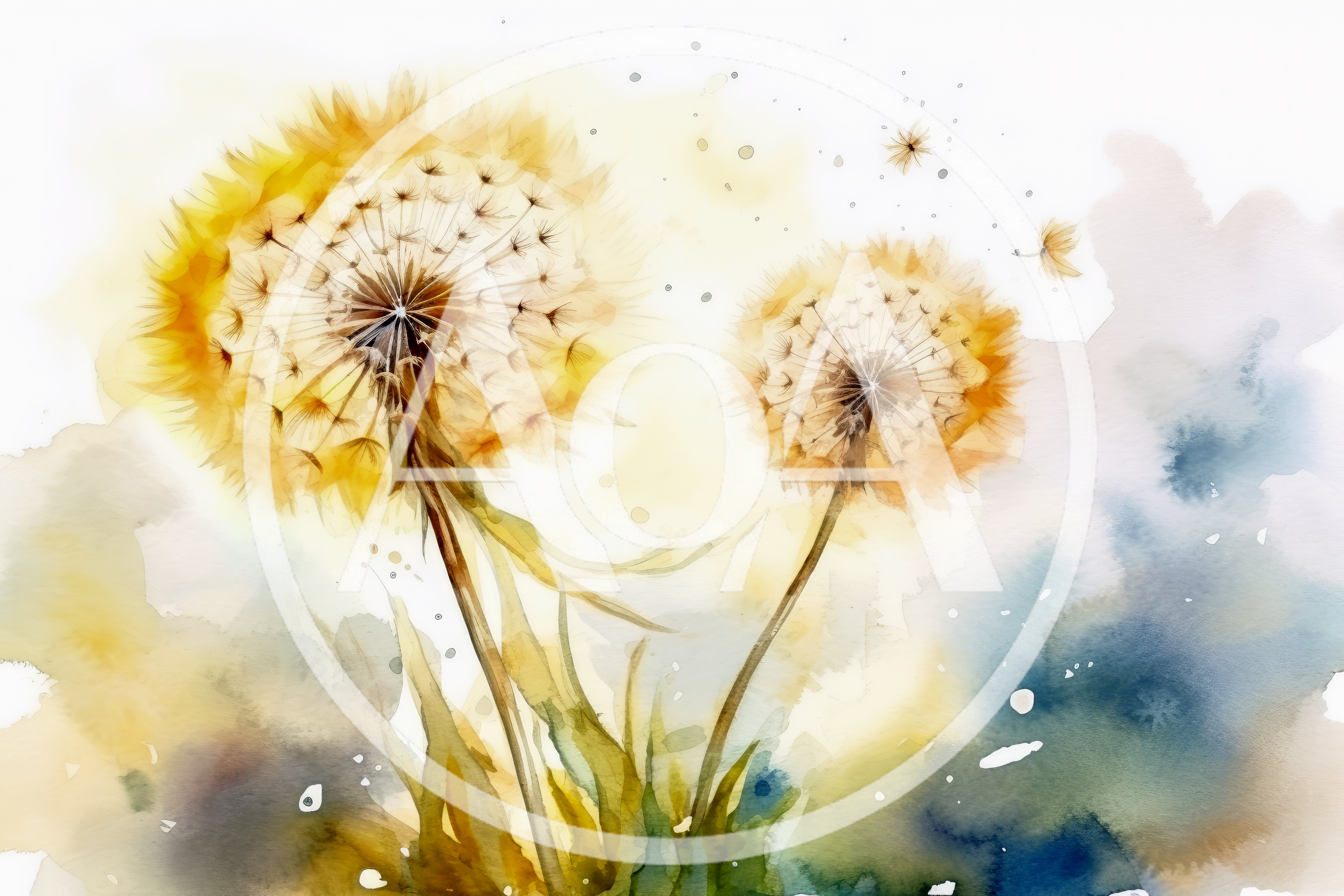 Watercolor Painting Of Two Dandelion Seed Heads