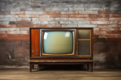 Vintage Wooden Console Television Against A Brick Wall