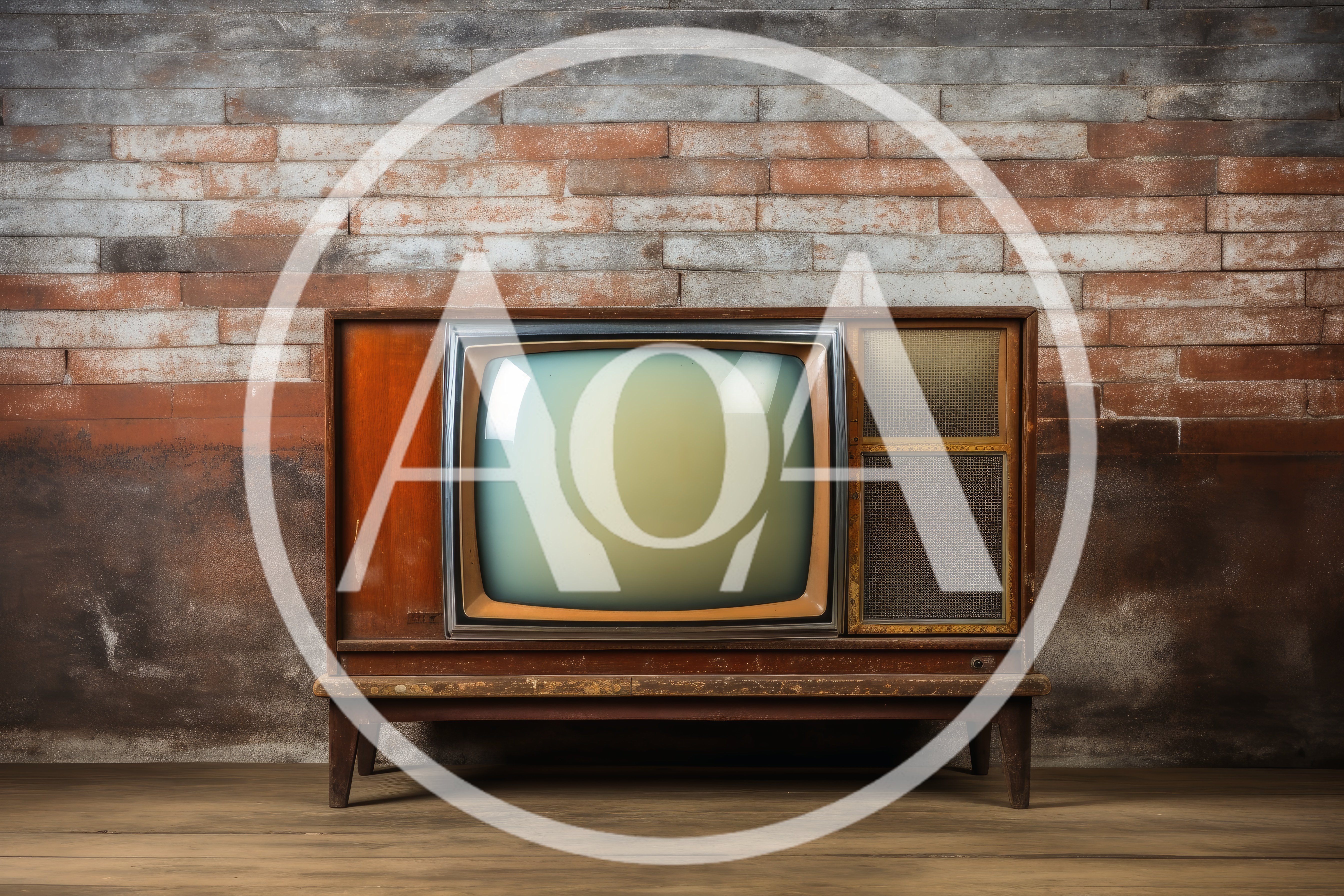 Vintage Wooden Console Television Against A Brick Wall