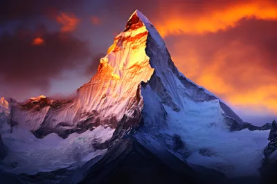Majestic Snow Covered Mountain Peak At Sunset