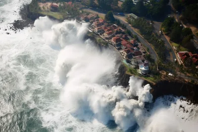 Aerial View Of Massive Ocean Waves Crashing Against Cliffs