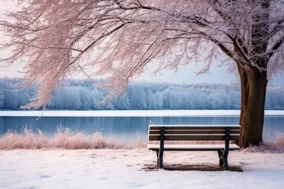 Empty Park Bench Under Frost Covered Tree By Lake