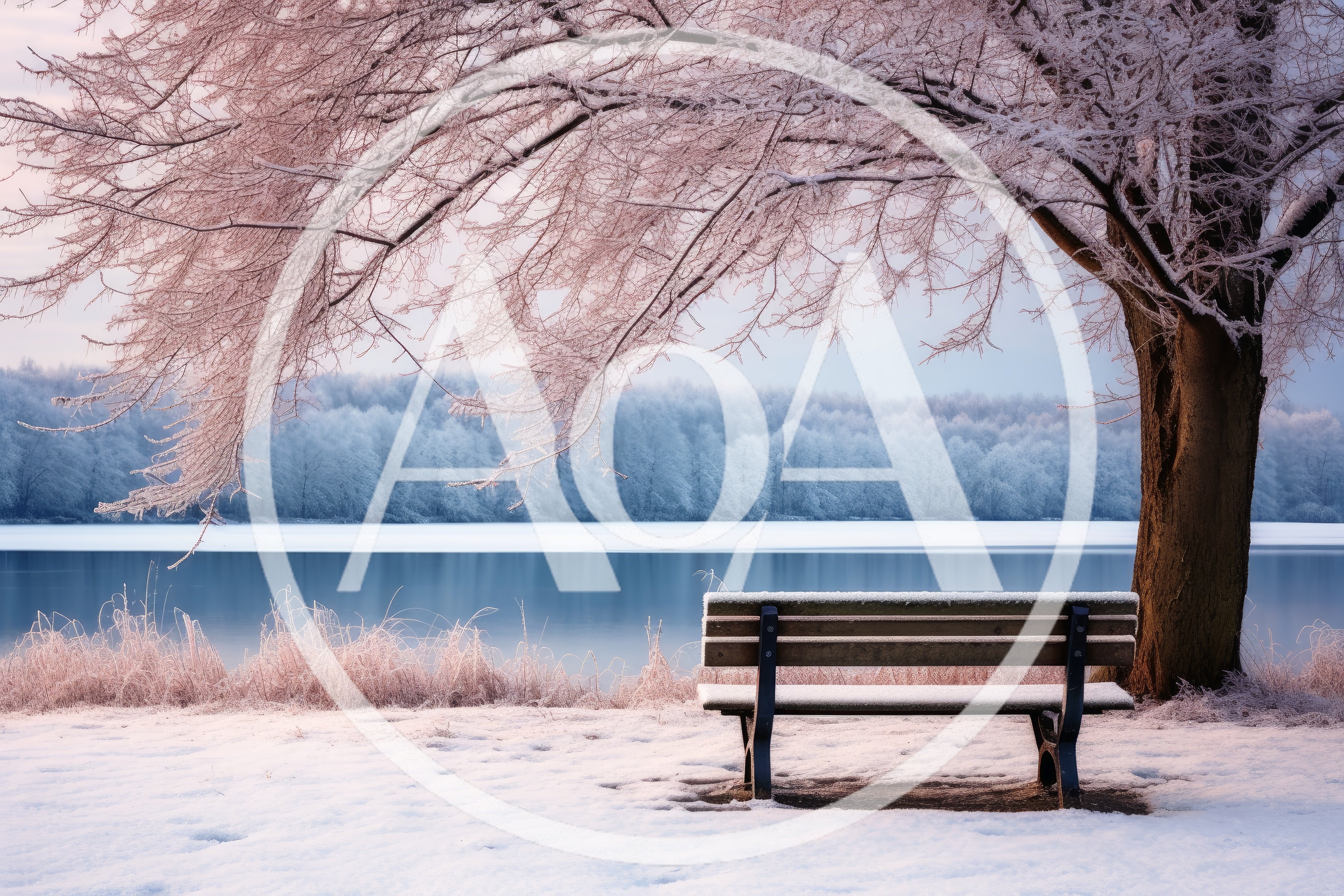 Empty Park Bench Under Frost Covered Tree By Lake