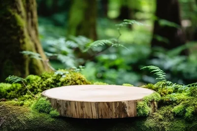 Wooden Display Platform In A Lush Forest Setting