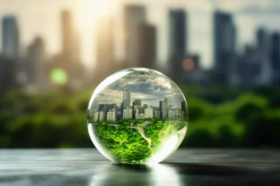 Glass Globe Containing Miniature Cityscape and Lush Greenery