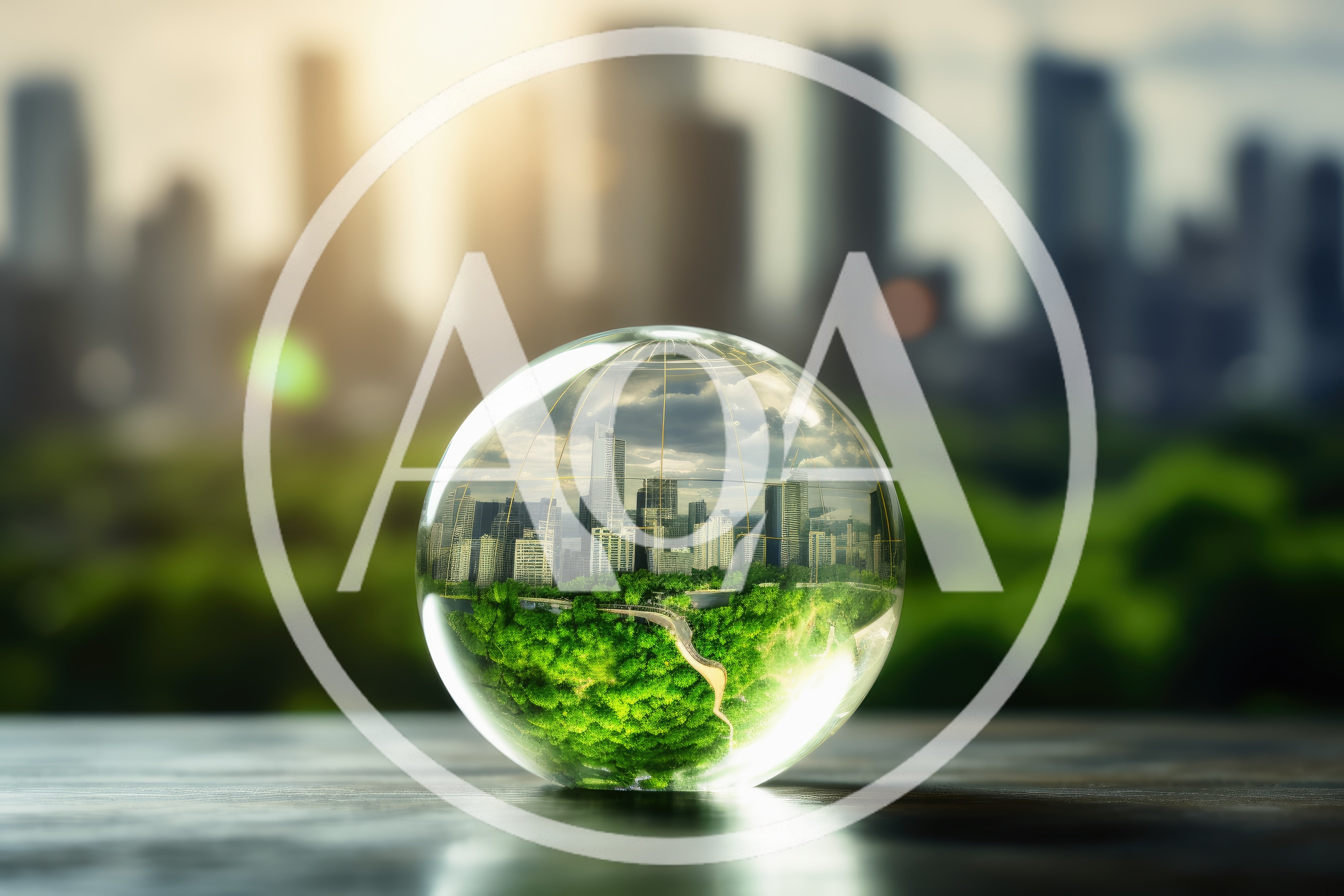 Glass Globe Containing Miniature Cityscape and Lush Greenery