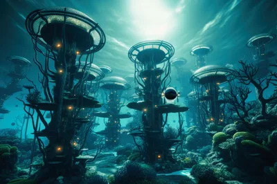Futuristic Underwater Alien City With Bioluminescent Structures