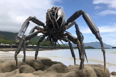 Giant Mechanical Spider Sculpture On A Tropical Beach