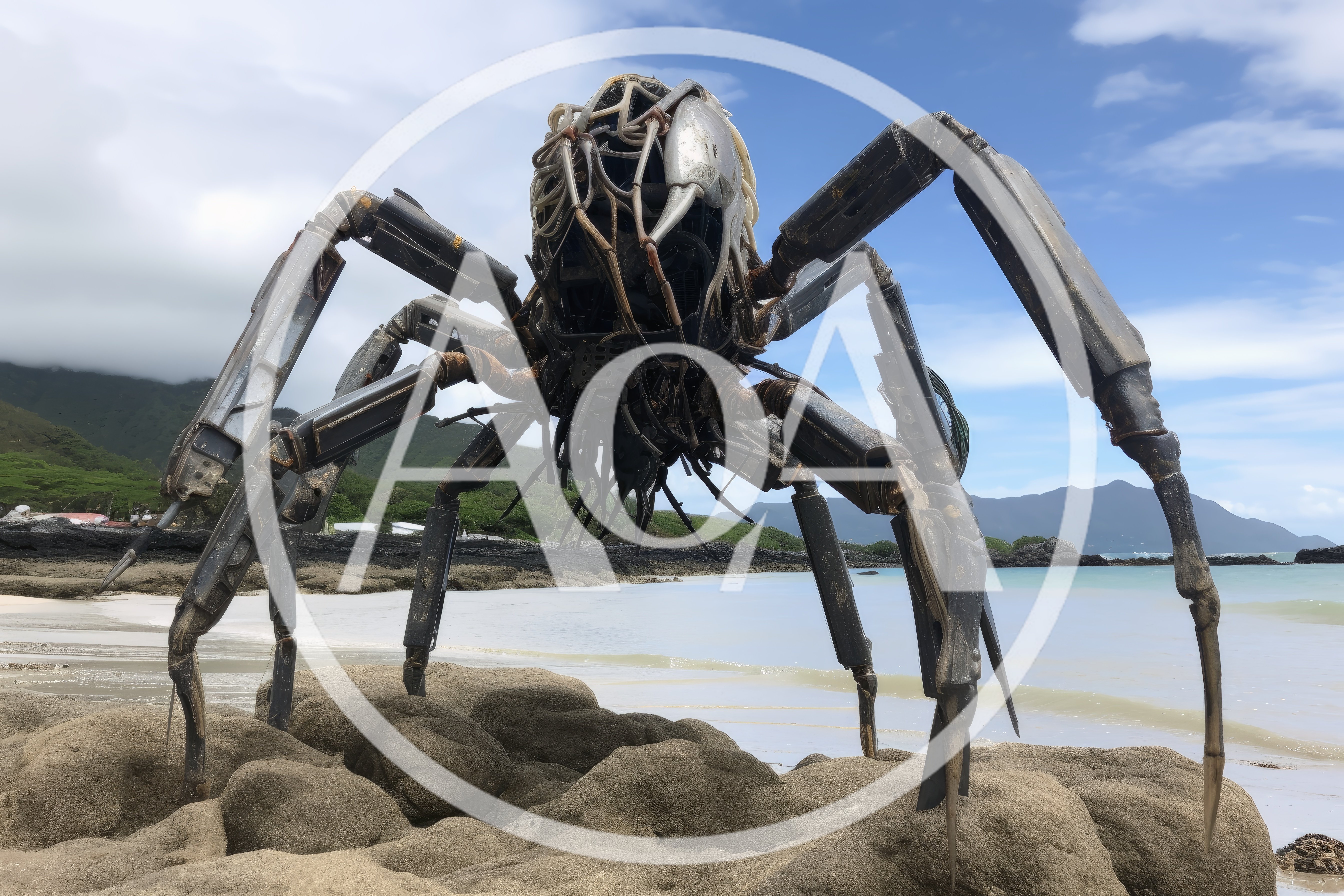 Giant Mechanical Spider Sculpture On A Tropical Beach