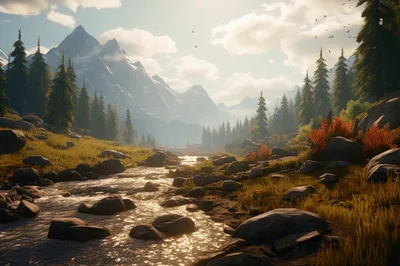 Scenic Mountain Stream Flowing Through Alpine Valley