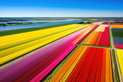 Aerial View Of Vibrant Tulip Fields In The Netherlands