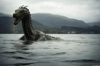 Loch Ness Monster Emerging From Dark Lake Waters