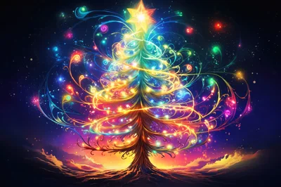 Abstract Glowing Christmas Tree With Swirling Light Trails