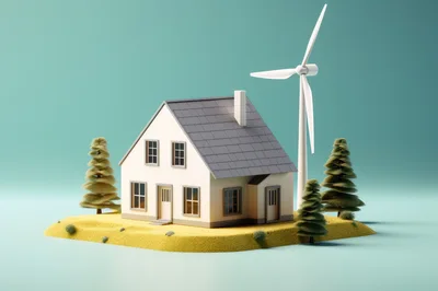 3D Render of Sustainable House with Wind Turbine