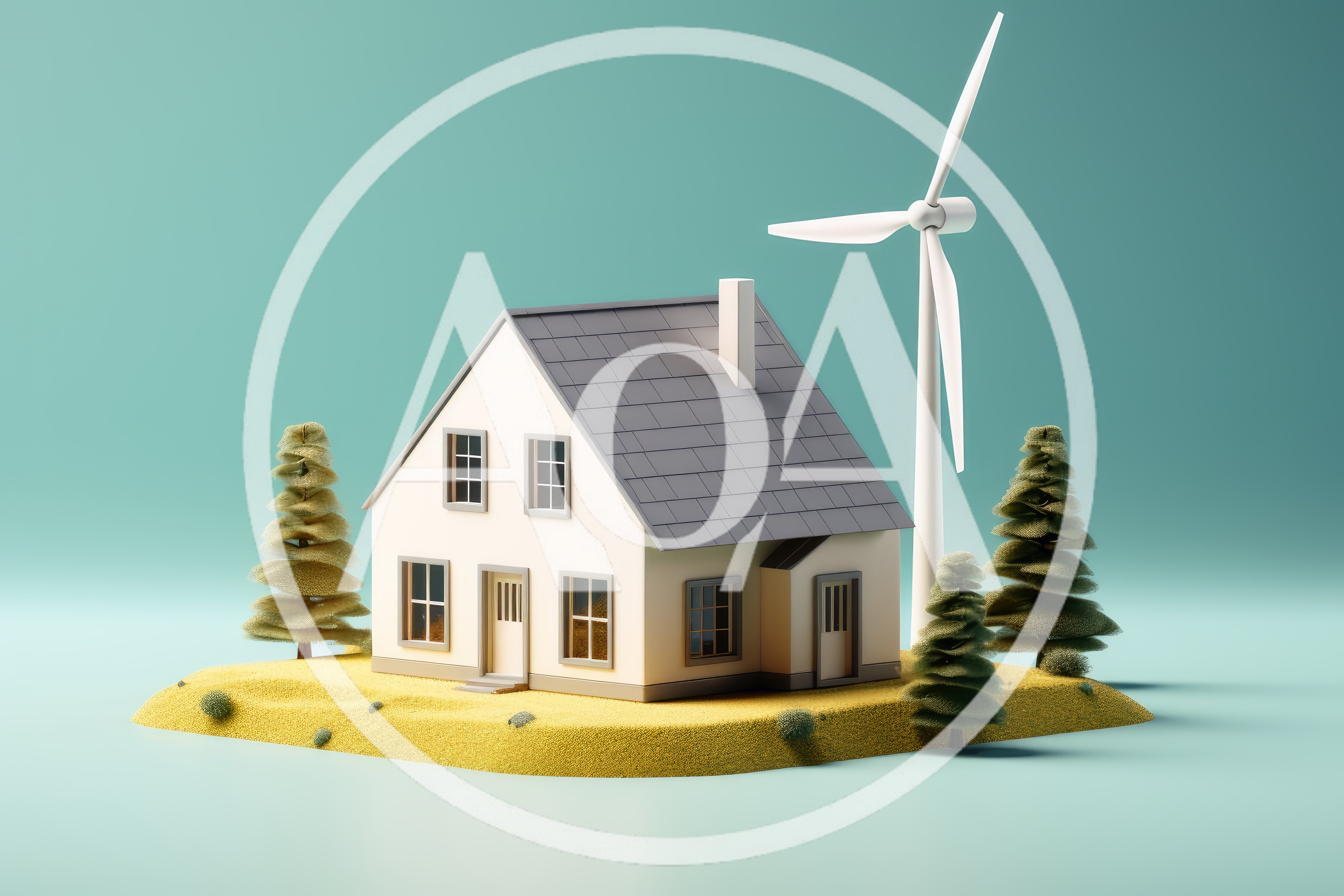 3D Render of Sustainable House with Wind Turbine
