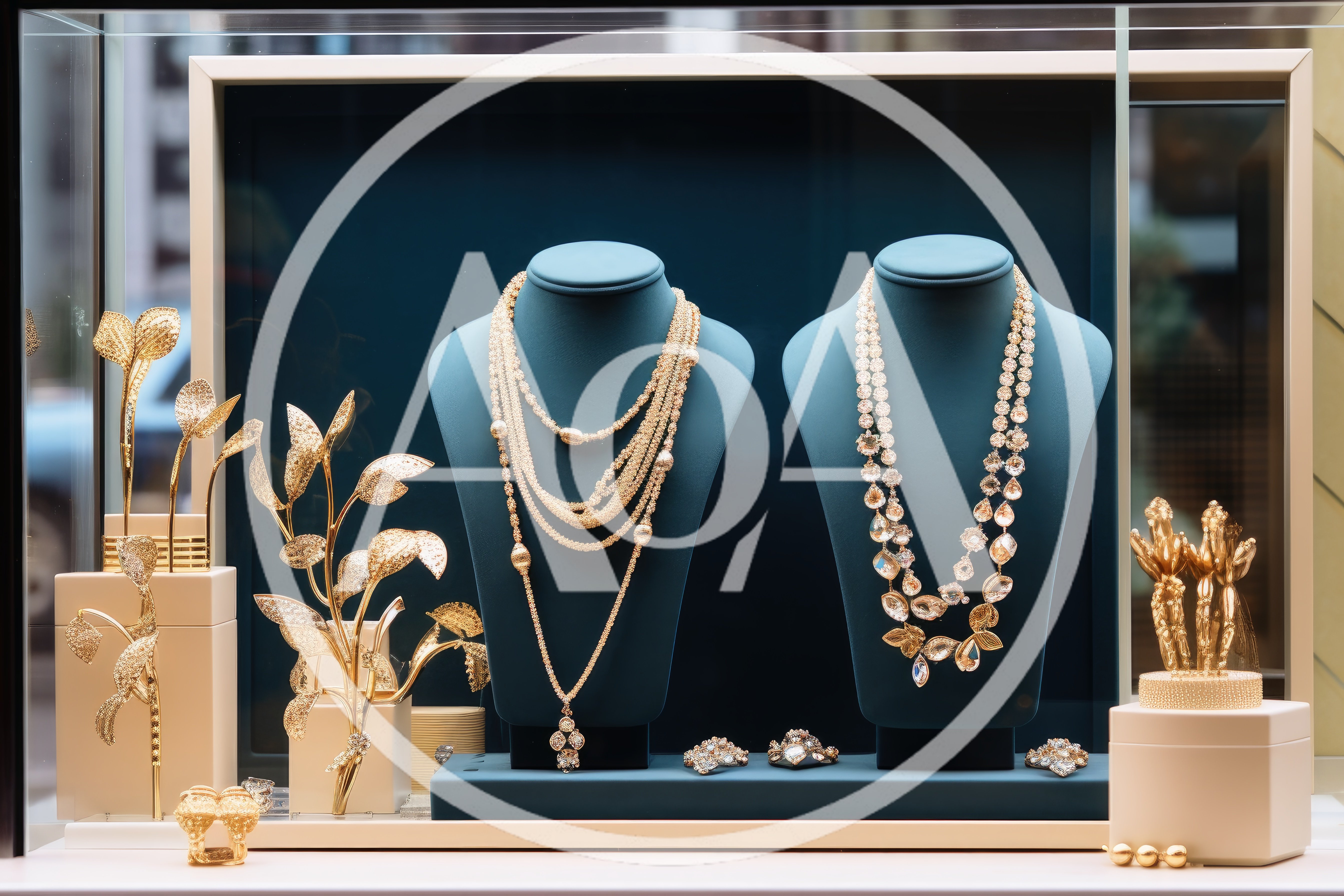 Luxury Gold Jewelry Display In A Boutique Store Window