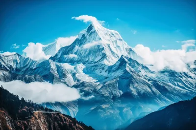 Majestic Snow Covered Mountain Peak Under Clear Blue Sky