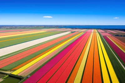 Aerial View Of Vibrant Tulip Fields In The Netherlands