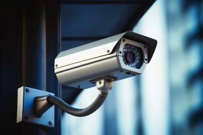Outdoor Security Surveillance Camera Mounted On Building Wall