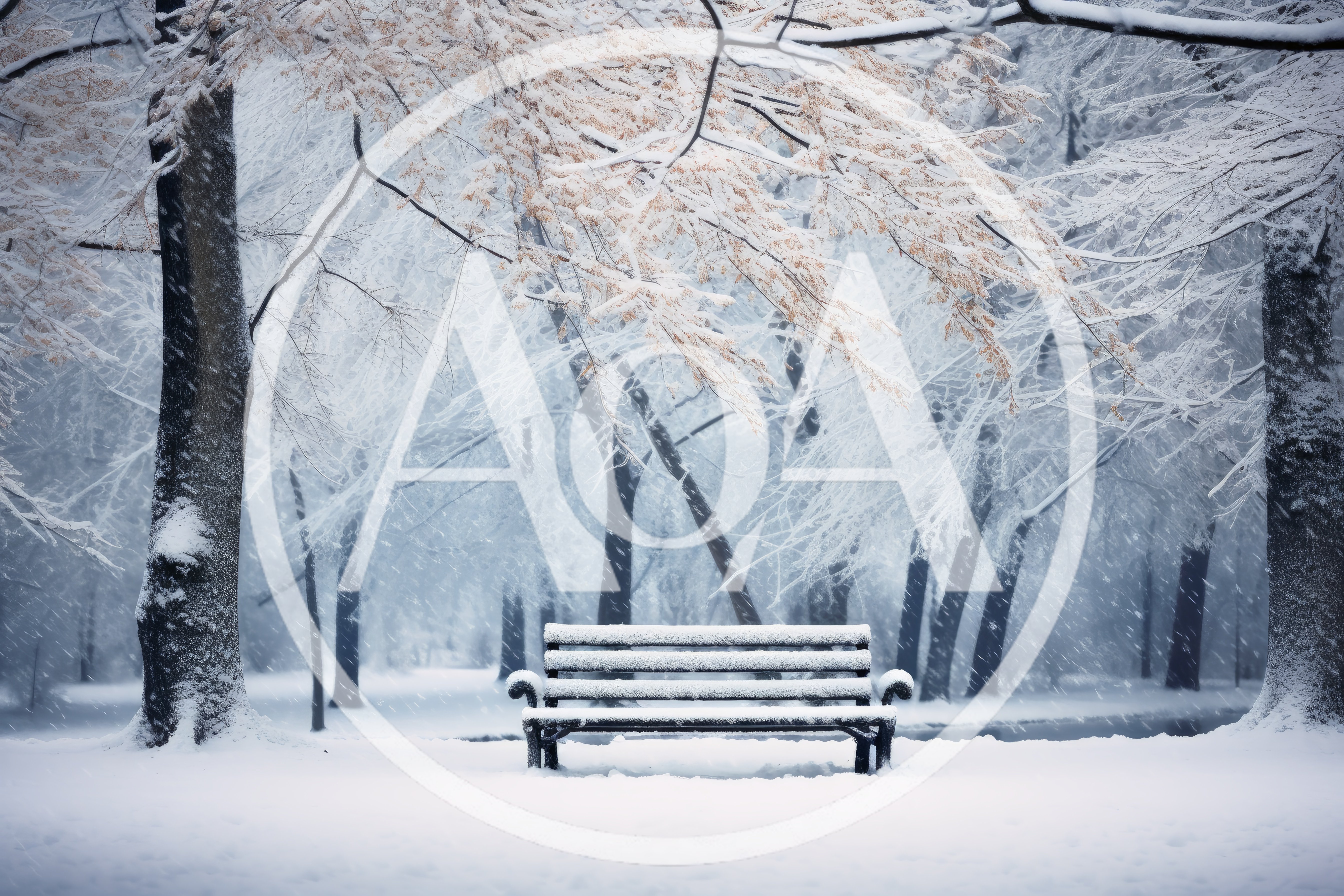 Empty Park Bench Covered In Fresh Winter Snow