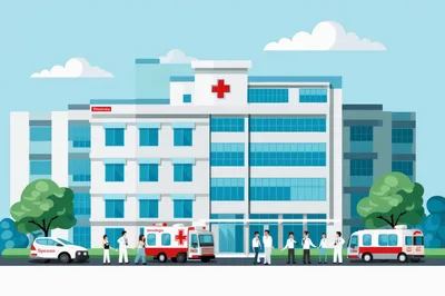 Hospital Building Exterior With Medical Staff And Ambulances