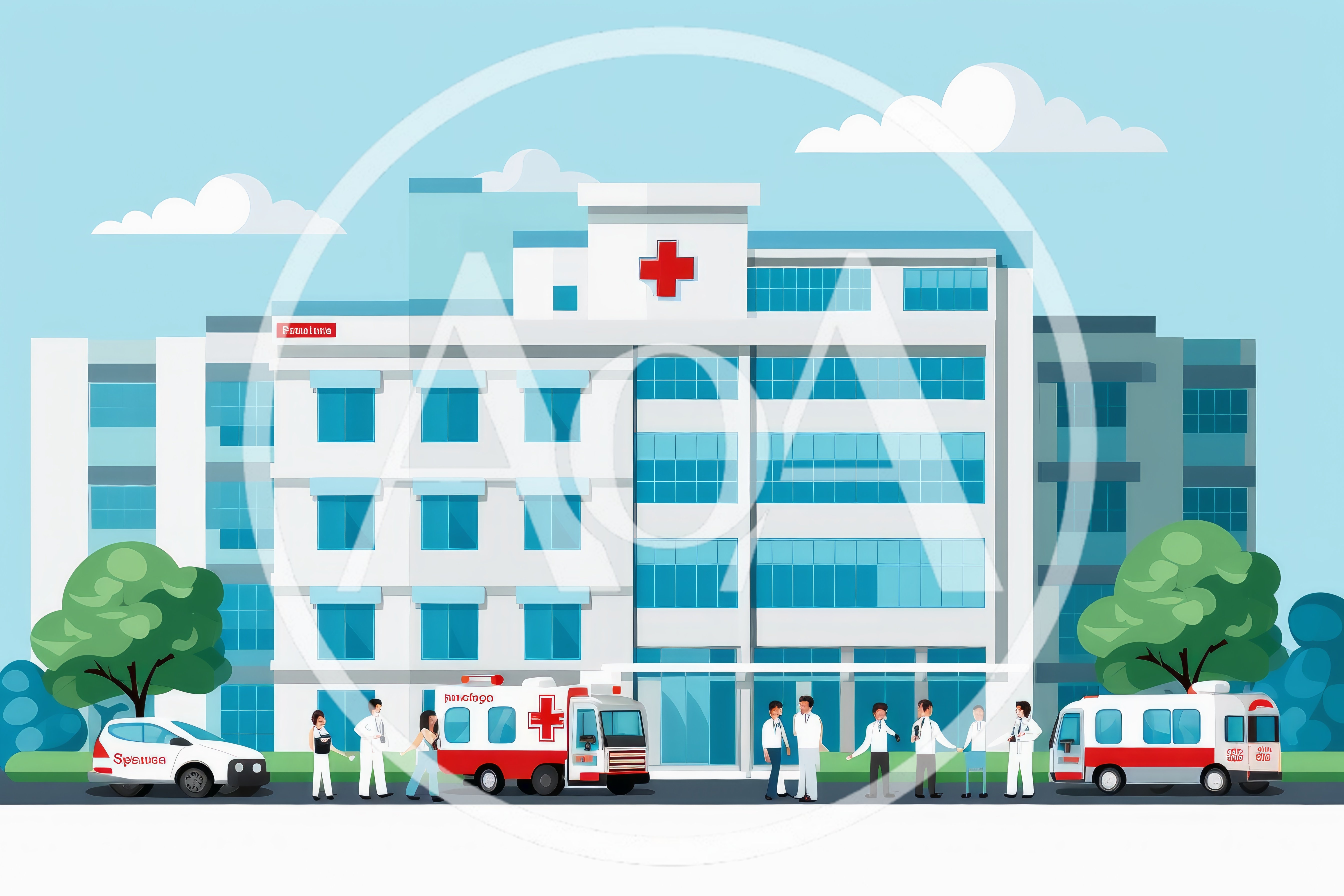 Hospital Building Exterior With Medical Staff And Ambulances