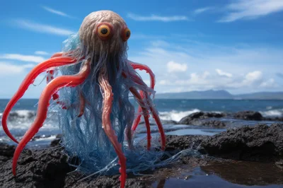 Surreal Alien Creature Standing On Volcanic Coastal Rocks