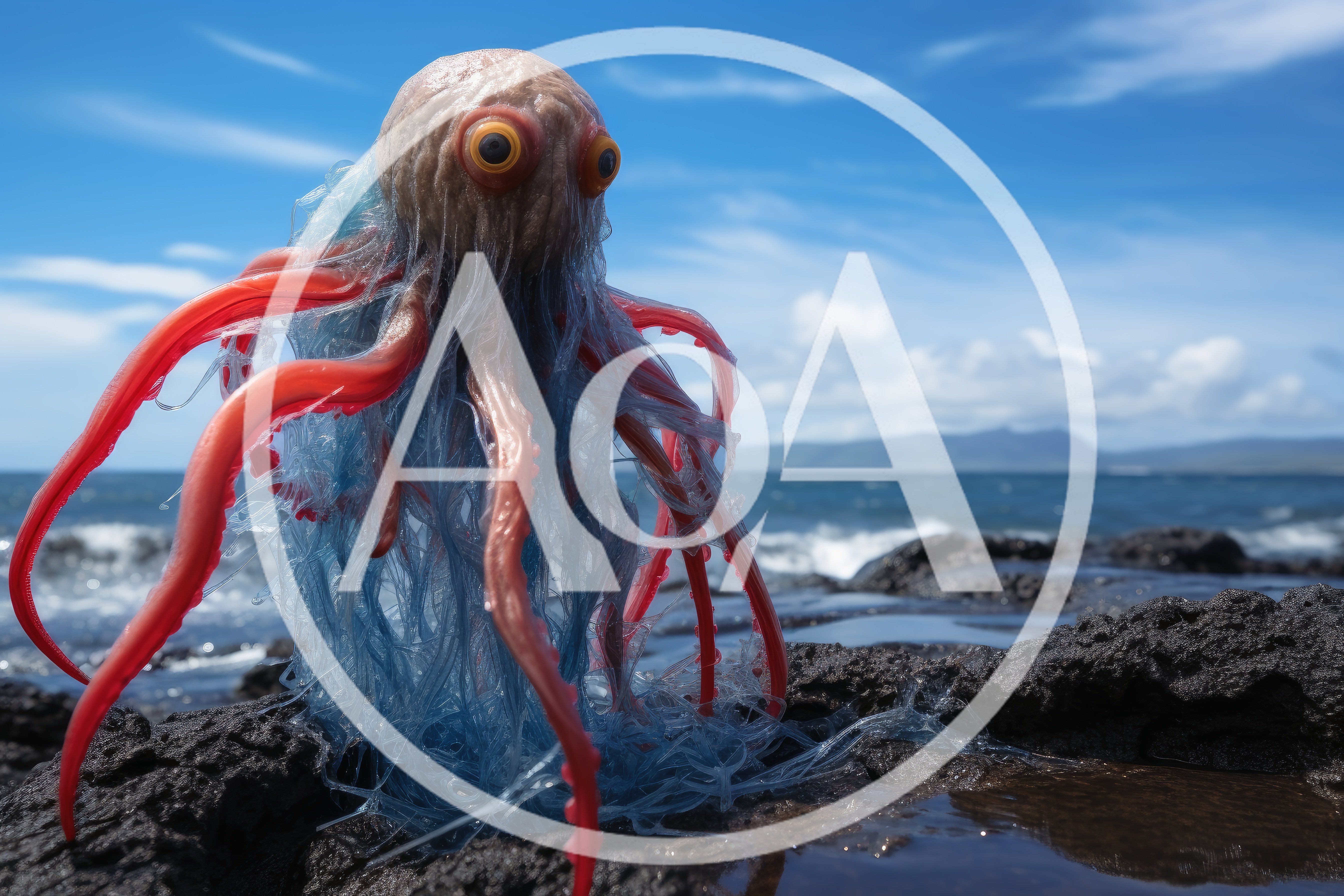 Surreal Alien Creature Standing On Volcanic Coastal Rocks
