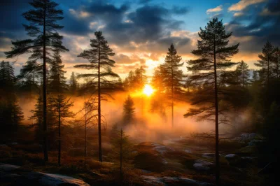Golden Sunset Over A Misty Pine Forest