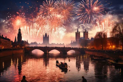 Fireworks Display Over A Historic European City River
