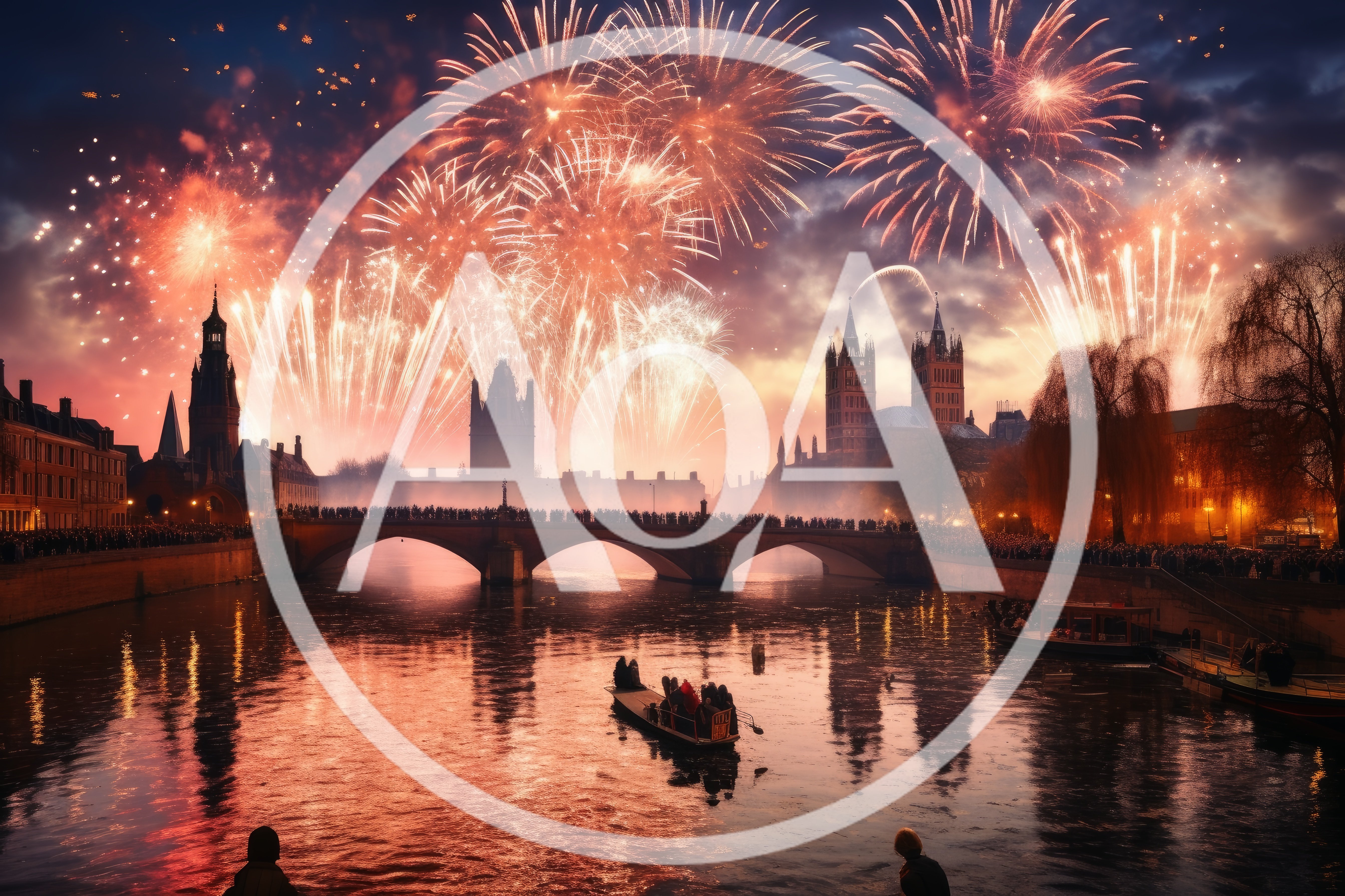 Fireworks Display Over A Historic European City River