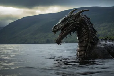 Mythical Sea Serpent Emerging From A Dark Highland Lake