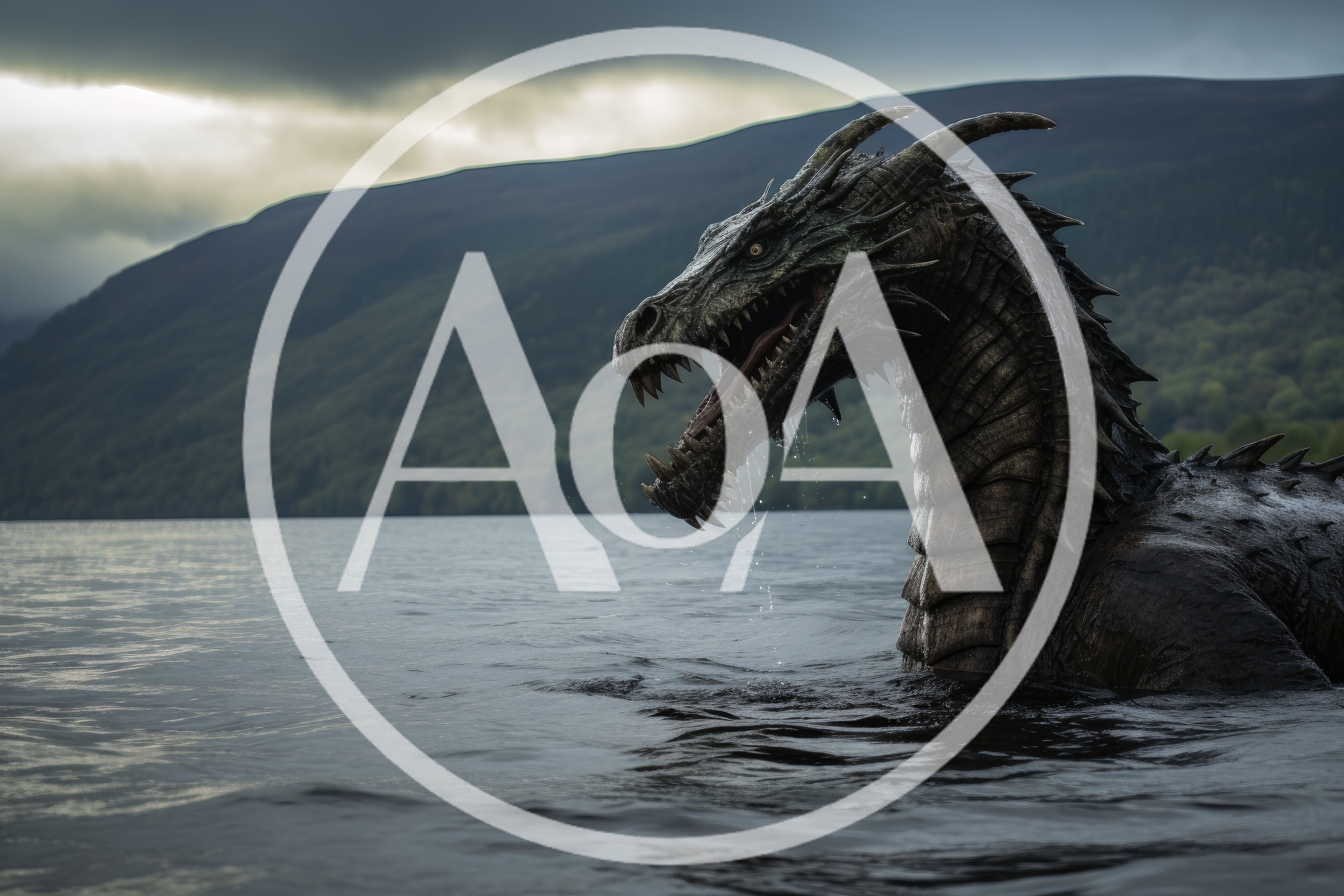 Mythical Sea Serpent Emerging From A Dark Highland Lake