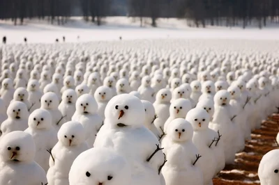 Field Of Uniform Snowmen In Winter Landscape