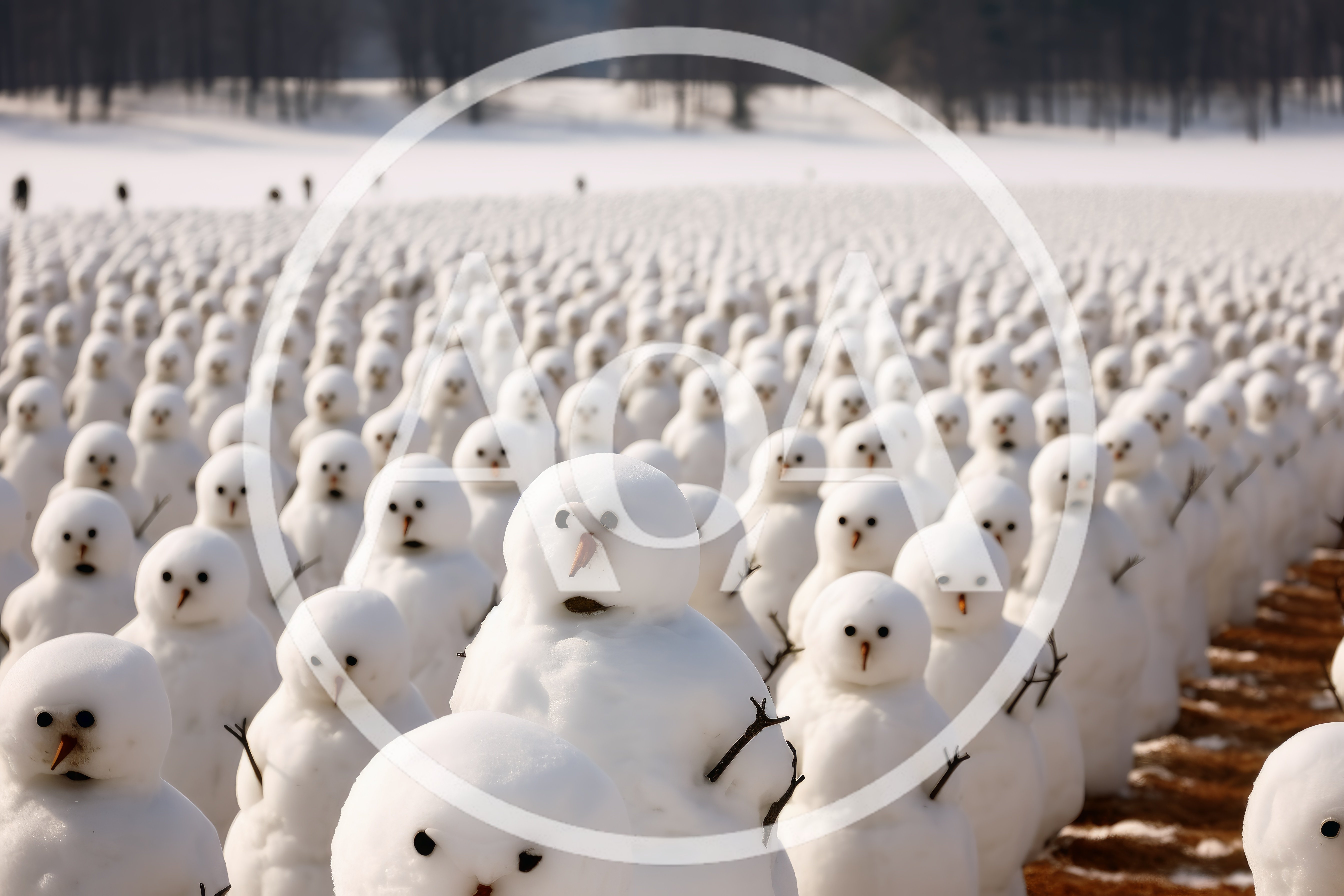 Field Of Uniform Snowmen In Winter Landscape