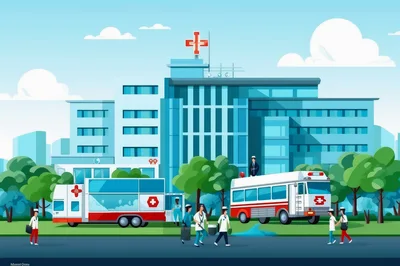 Medical Staff Outside Modern Hospital Building