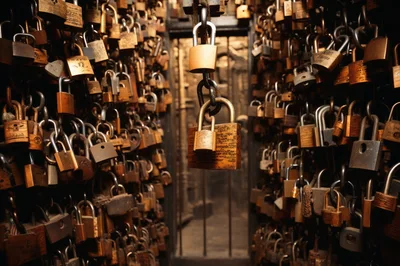 Countless Padlocks Hanging On A Metal Gate