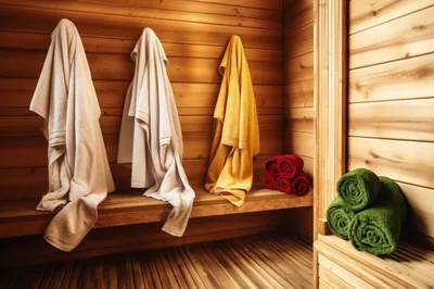 Towels Hanging In A Traditional Wooden Sauna