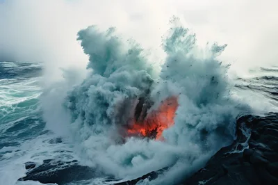 Lava Flow Meeting Ocean Waves Creating Steam Explosion