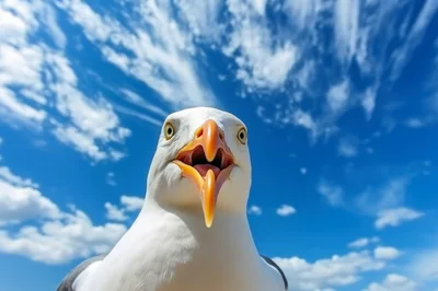 Close Up Portrait Of A Seagull Against Blue Sky