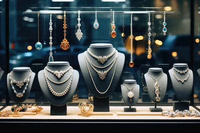 Luxury Jewelry Display Case With Diamond Necklaces And Earrings