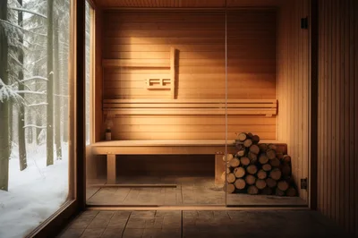 Modern Wooden Sauna Overlooking A Snowy Winter Forest