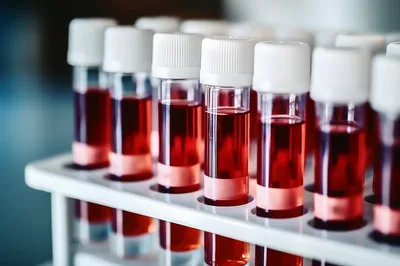 Laboratory Test Tubes Filled With Red Blood Samples