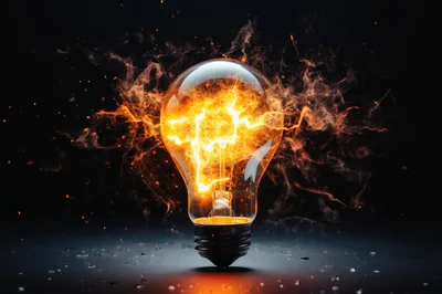 Glowing Light Bulb With Electrical Arcs And Smoke