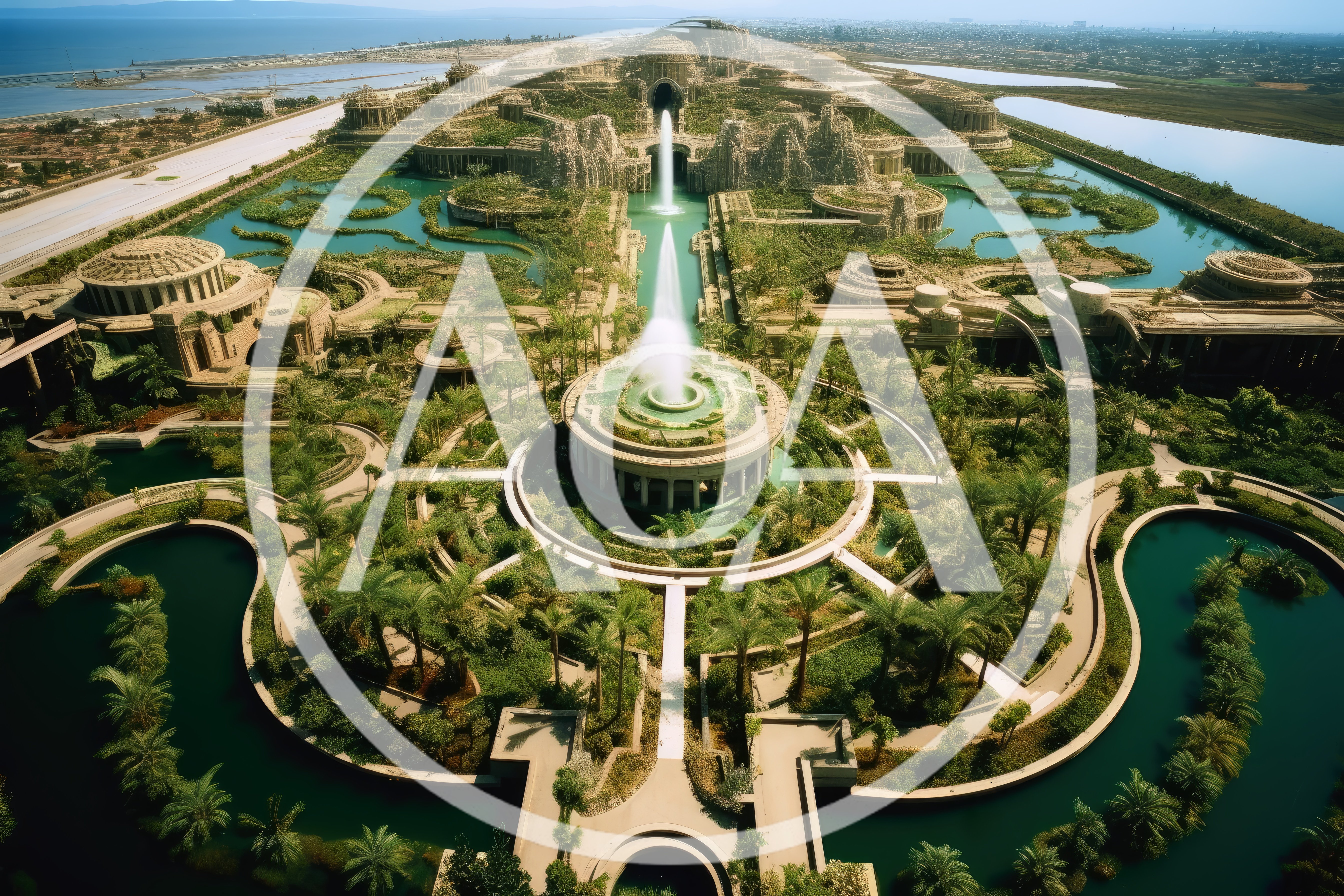 Aerial View Of A Futuristic Oasis Palace Complex