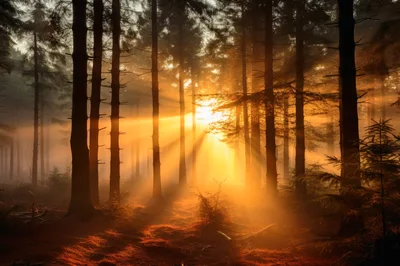 Golden Sunbeams Piercing Through Misty Pine Forest