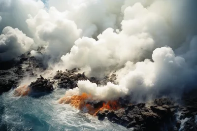 Lava Flow Entering The Ocean Creating Steam Clouds