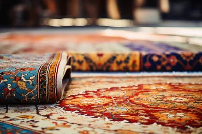 Close Up Of Rolled Persian Rugs In A Warehouse