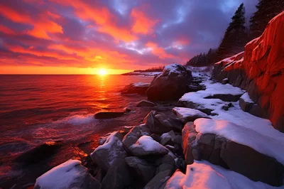 Vibrant Winter Sunset Over Snowy Rocky Coastline